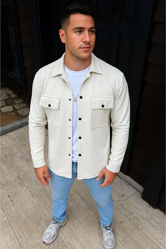 Erkek Diagonal Kumaş Cepli Çıtçıtlı Uzun Kollu, Gömlek Oversize Rahat Kalıp Günlük Şık Stil - Beyaz