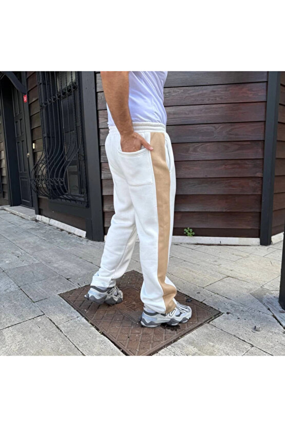 Erkek Üç İplik Kışlık Pamuklu Yandan Garneli Kalın Bej Şeritli Cepli Eşofman Altı - Beyaz