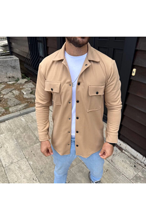 Erkek Diagonal Kumaş Cepli Çıtçıtlı uzun Kollu, Gömlek Oversize Rahat Kalıp Günlük Şık Stil - Bej