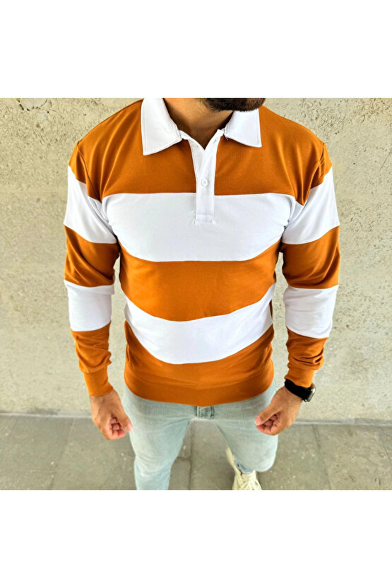 EQURİ Erkek Polo Yaka Uzun Kollu Çizgili Sweatshirt Trend Rugby Stil - Turuncu