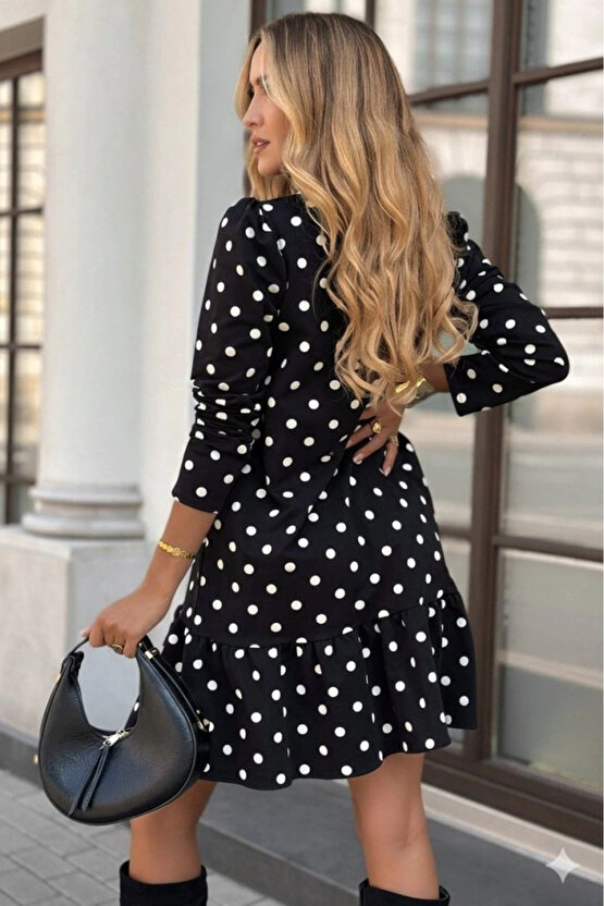 Kadın Uzun Kollu Bisiklet Yaka Fırfırlı Puantiyeli Kısa Modal Elbise
