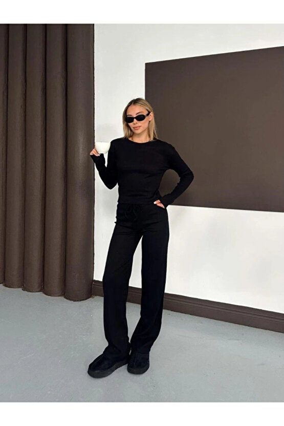 Kadın Bisiklet Yaka Parmak Geçme Detay Uzun Kollu Bluz Ve Pantolon Ikili Takım