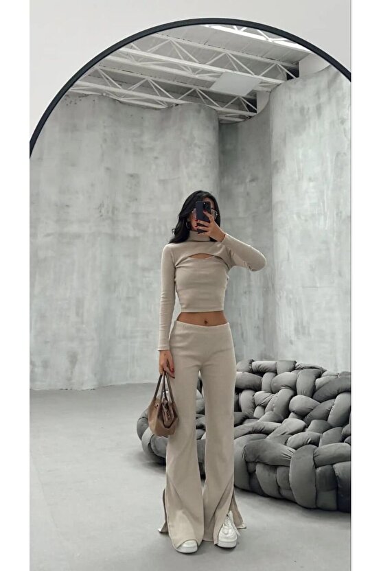 EQURİ Kadın Uzun Kollu Pencere Detay Göğüs Dekolteli Bluz Ve Bol Paça Pantolon Ikili Takim