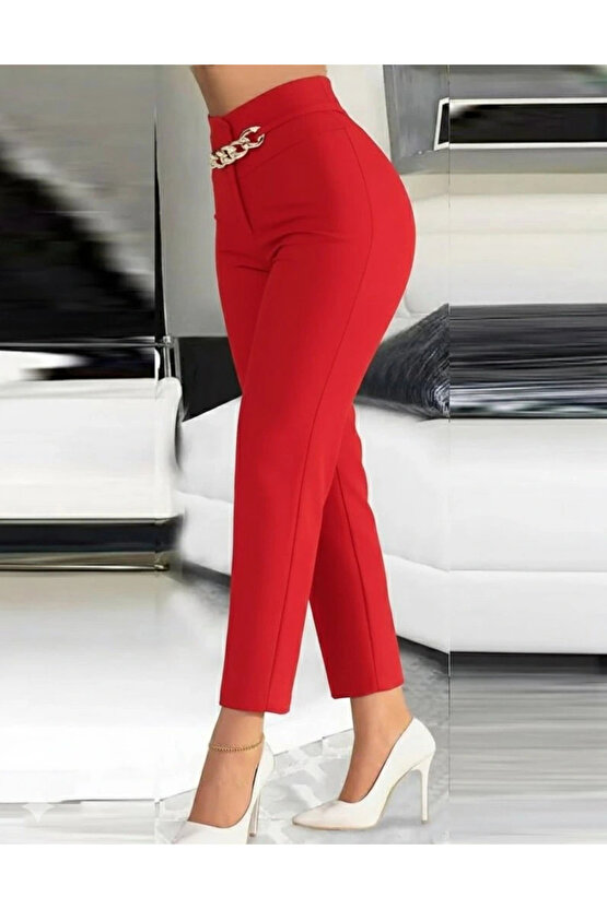 Kadın Yüksek Bel önden Zincir Detaylı Ithal Krep Pantolon