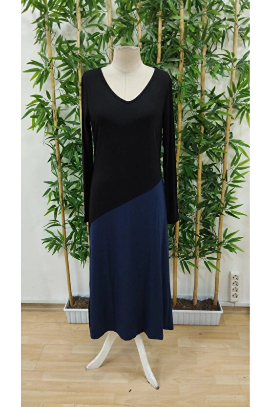 Kadın Uzun Kollu V Yakalı Blok Desenli Viskon Elbise