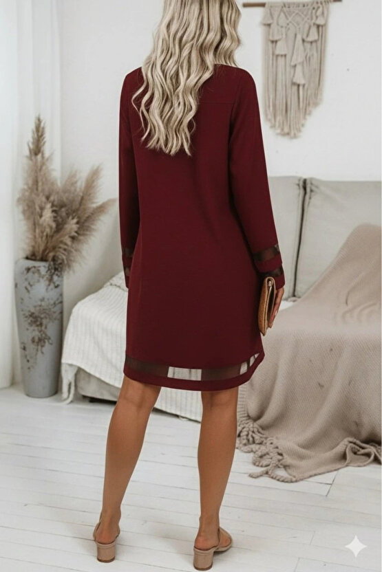 Kadın Uzun Kollu V Yakalı Tül şerit Detaylı Mini Krep Elbise