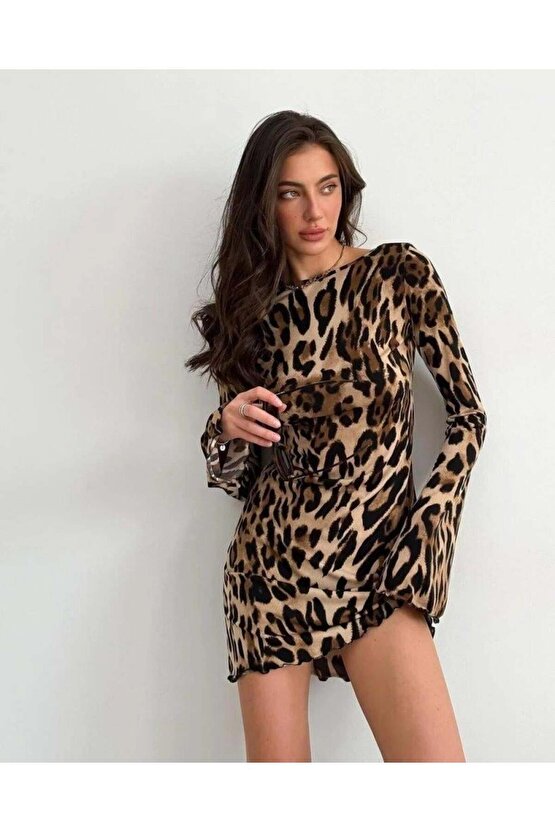 Kadın Uzun Kollu Sırtı Açık Bağlamalı Leopar Desenli Kısa Dalgıç Elbise