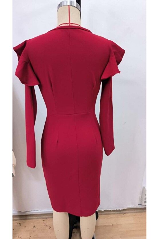 Kadın Uzun Kollu V Yakalı Yandan Yırtmaçlı Midi Ithal Krep Elbise