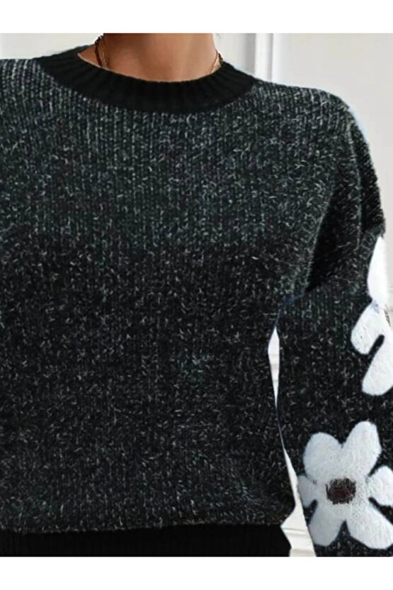 Kadın Uzun Kollu Bisiklet Yaka çiçek Desenli Triko Bluz