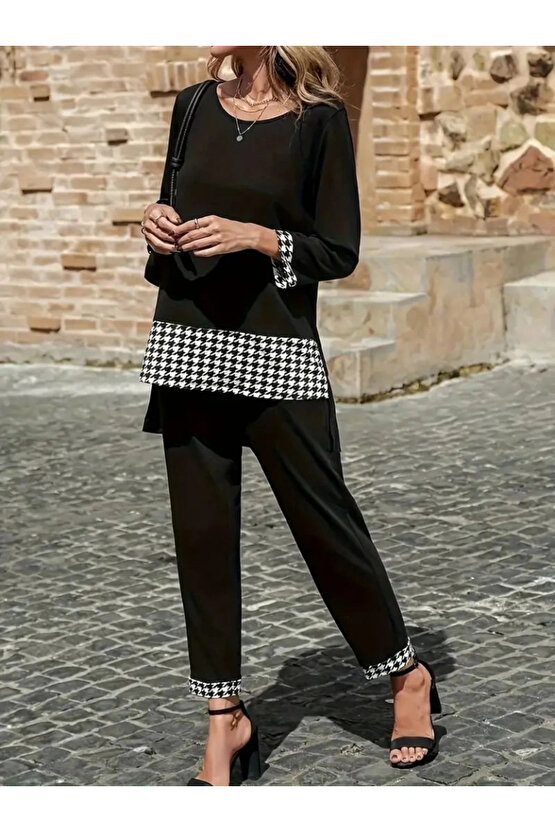 Kadın Uzun Kollu Yuvarlak Yakalı Kaz Ayağı Detaylı Viskon Iki Iplik Bluz Ve Pantolon Ikili Takım