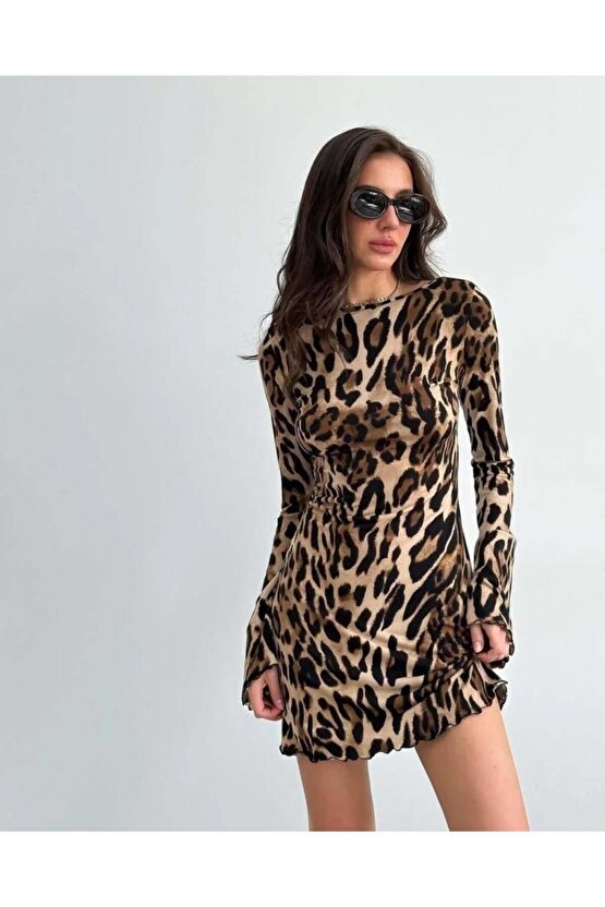 Kadın Uzun Kollu Sırtı Açık Bağlamalı Leopar Desenli Kısa Dalgıç Elbise