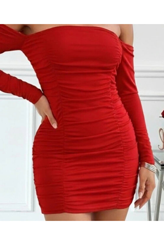 Kadın Uzun Kollu Omuzlardan Açık Takma Kollu Büzgülü Sandy Kısa Elbise