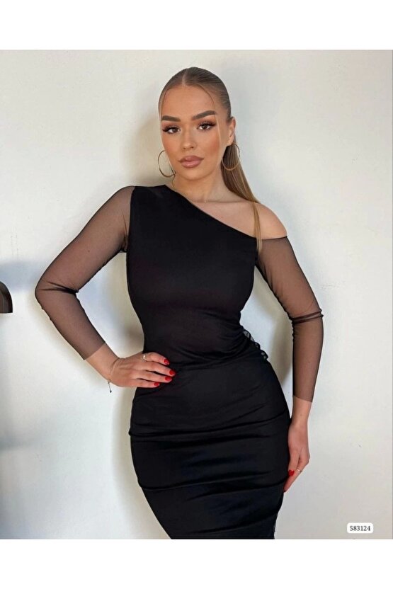 Kadın Tül Astarlı Tek Omuz Detaylı Elbise