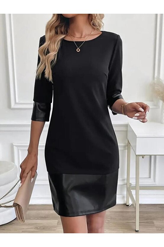 Kadın Uzun Kollu Bisiklet Yaka Deri Detaylı Ithal Krep Elbise