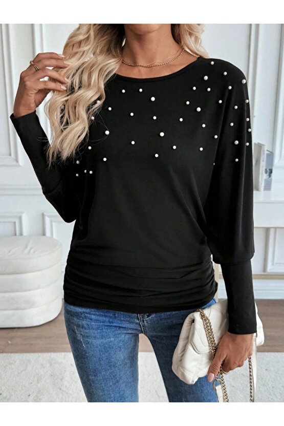 Kadın Uzun Kollu Yuvarlak Yaka Incili Viskon Bluz