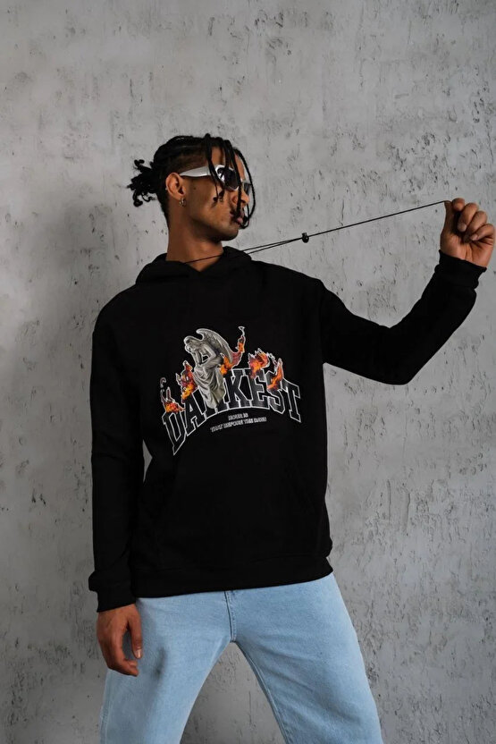 Erkek Oversize Kapüşonlu Sweatshirt – Siyah Renk Üç İplik İçi Pamuklu Kanguru Cepli Baskılı Hoodie R