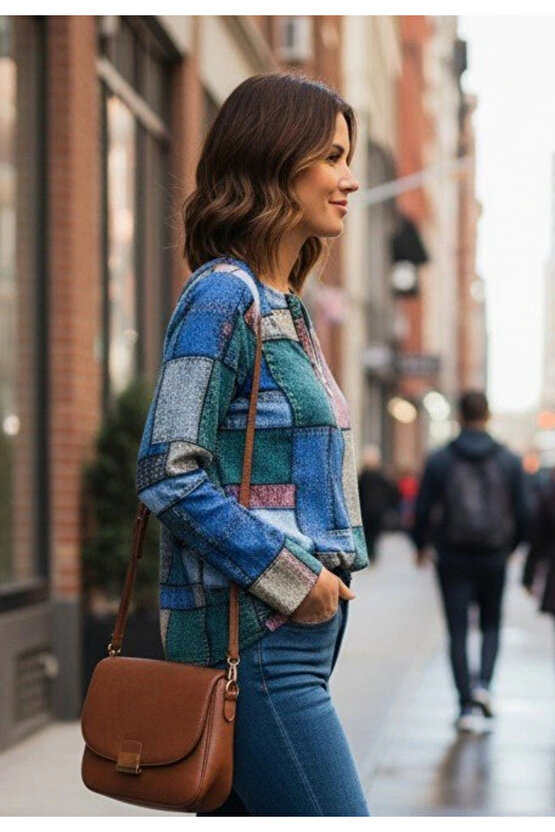 Kadın Uzun Kollu Yakadan Fermuarlı Kot Görünüm Desenli Uzun Modal Bluz