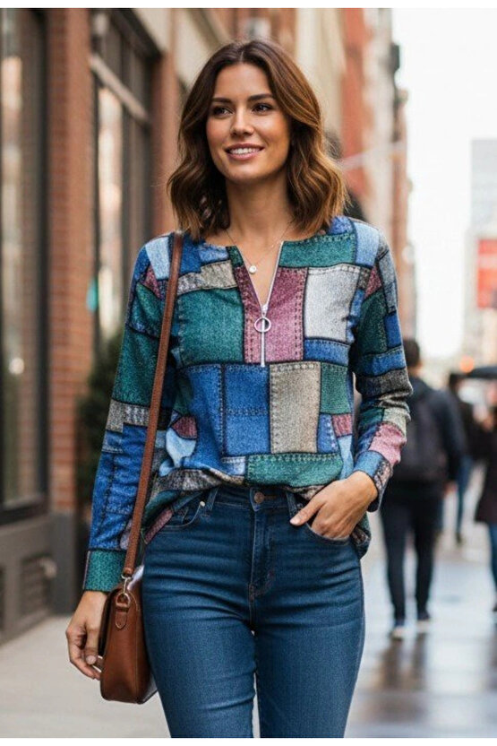 Kadın Uzun Kollu Yakadan Fermuarlı Kot Görünüm Desenli Uzun Modal Bluz