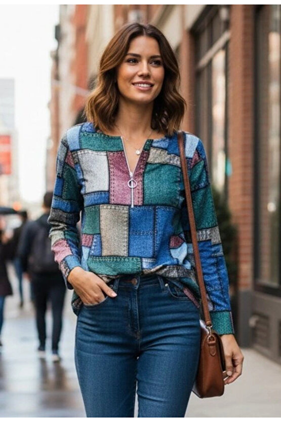 MDB Kadın Uzun Kollu Yakadan Fermuarlı Kot Görünüm Desenli Uzun Modal Bluz