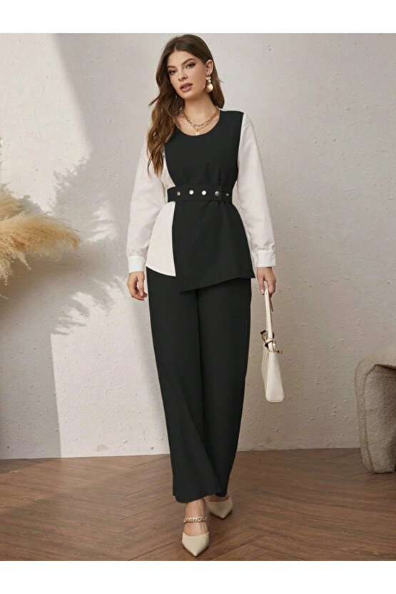 Kadın Uzun Kollu Açık Yakalı çift Renkli Kemerli Ithal Krep Ikili Takım