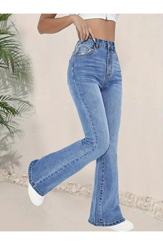 Kadın Yüksek Bel İspanyol Paça Kot Pantolon