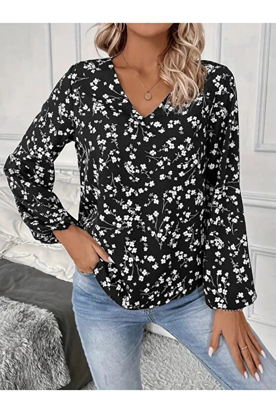 Kadın Uzun Kollu V Yakalı çiçek Desenli Modal Bluz
