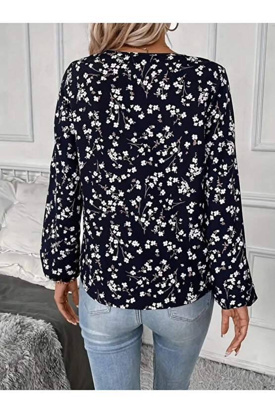 Kadın Uzun Kollu V Yakalı çiçek Desenli Modal Bluz