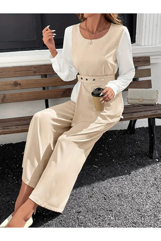 Kadın Uzun Kollu Açık Yakalı çift Renkli Kemerli Ithal Krep Ikili Takım