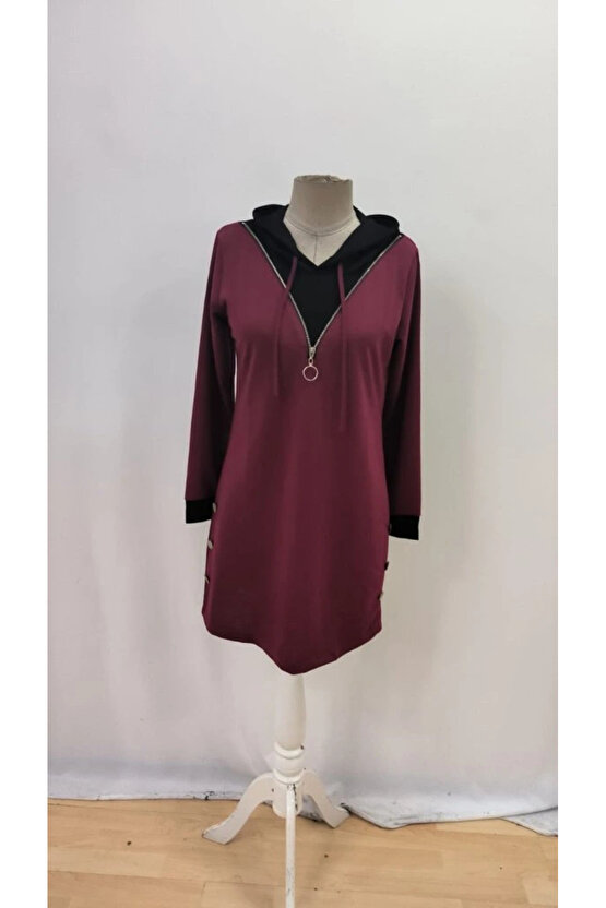 Kadın Uzun Kollu Kapşonlu önden Fermuarlı Düğmeli Mini Iki Iplik Elbise