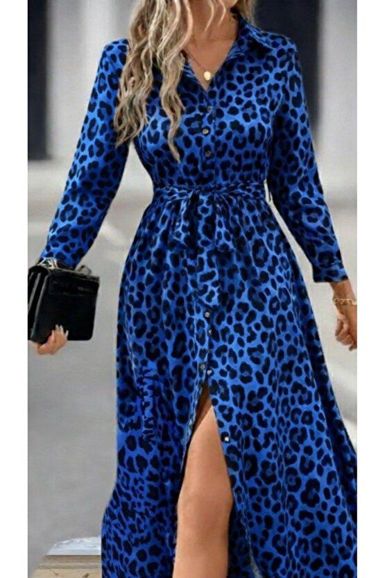 Kadın Uzun Kollu Yakalı Belden Kuşaklı Leopar Desenli Modal Uzun Elbise