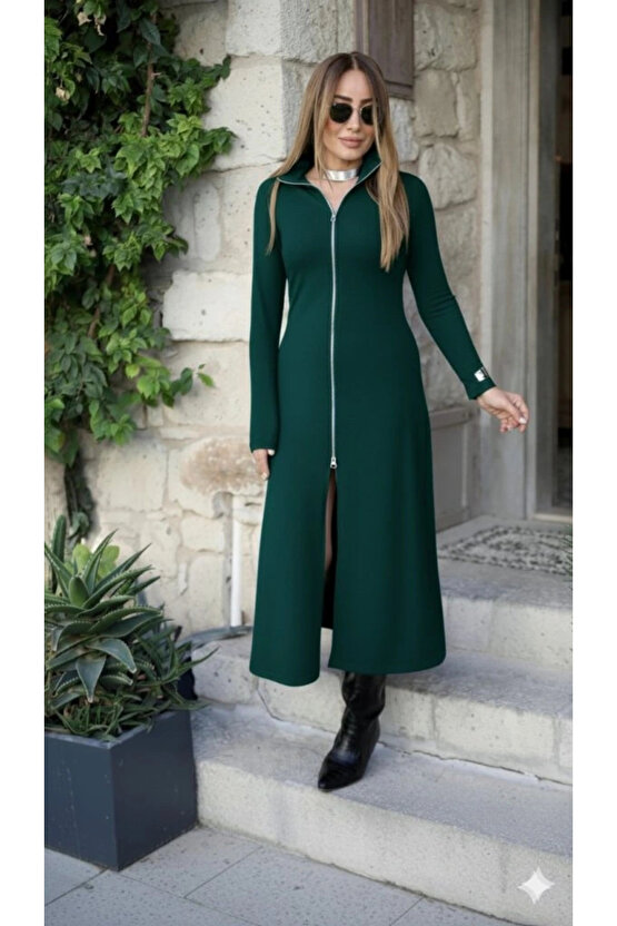 Kadın Uzun Kollu önden Fermuarlı Ithal Krep Elbise