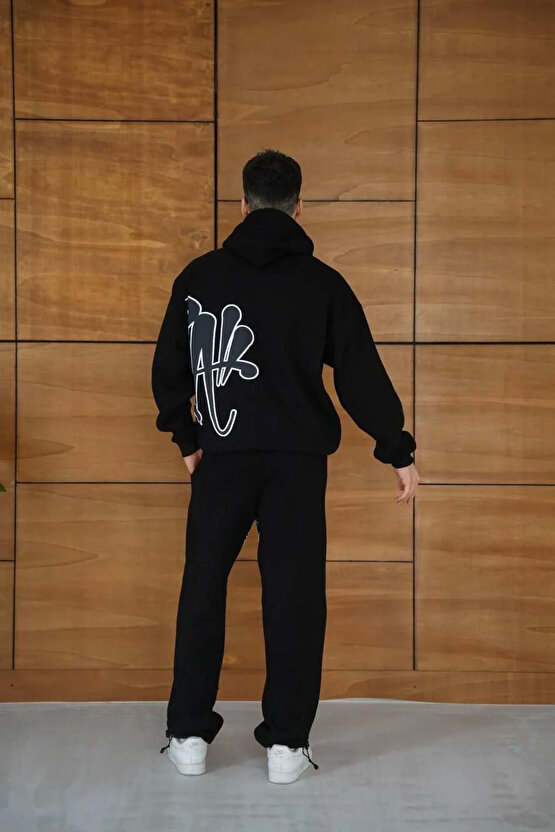 Erkek Kapüşonlu Eşofman Takım Graffiti Baskılı Oversize Rahat Kalıp, Kanguru Cepli, Streetwear Tarzı