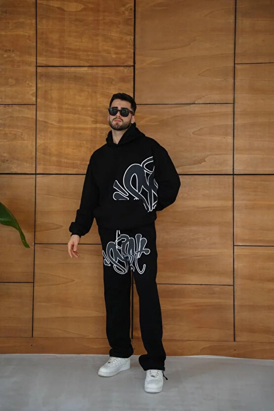 Erkek Kapüşonlu Eşofman Takım Graffiti Baskılı Oversize Rahat Kalıp, Kanguru Cepli, Streetwear Tarzı