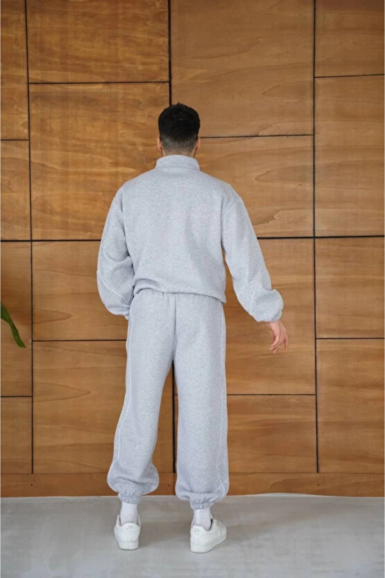 Erkek Premium Parçalı Eşofman Takım - Dik Yaka Fermuarlı Biyeli Sweatshirt Lastik Paça Alt, Oversize