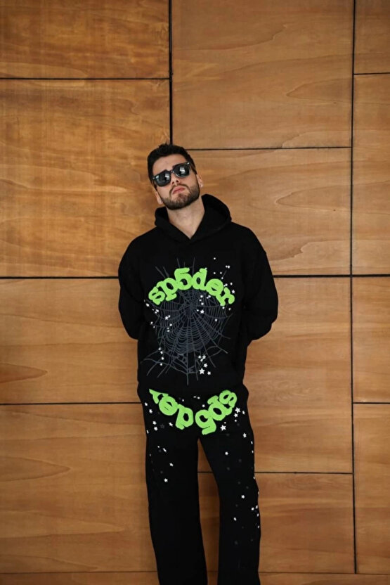 Erkek Kapüşonlu Eşofman Takım Örümcek Ağı Ve Neon Yeşil Baskılı Kanguru Cepli Oversize Rahat Kalıp,