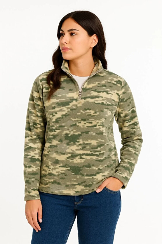 Kadın Yarım Fermuarlı Desenli Polar Sweat – Haki Kamuflaj Yakalı, Uzun Kollu, Oversize Rahat Kalıp -