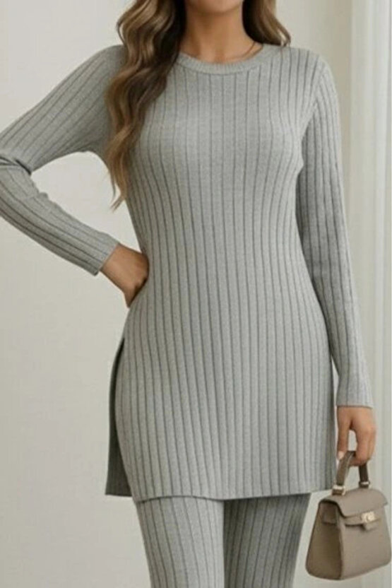 Kadın Uzun Kollu Yuvarlak Yaka Yandan Yırtmaç Detaylı şardonlu Kaşkorse Bluz Ve Pantolon Ikili Takım