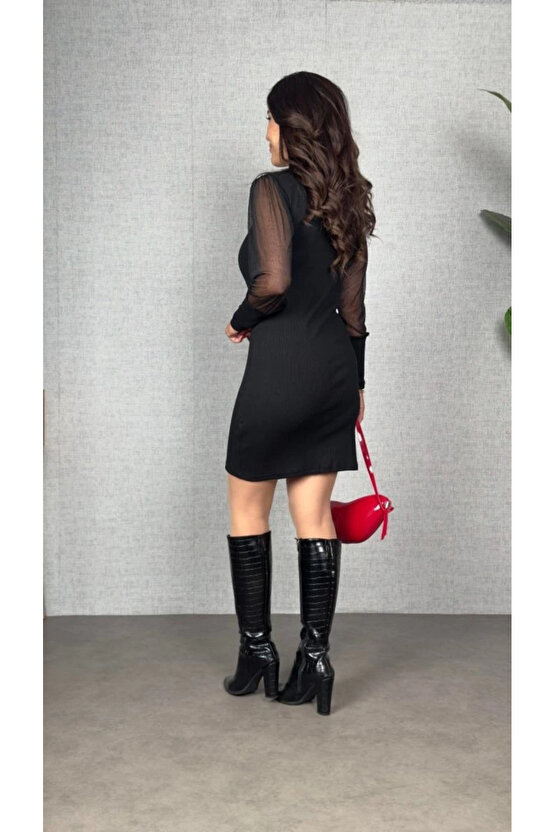 Kadın Uzun Kollu V Yakalı Tül Detaylı Mini Kaşkorse Elbise