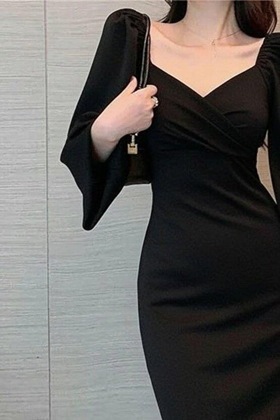 Kadın Uzun Kollu Kalp Yakalı Midi Ithal Krep Elbise