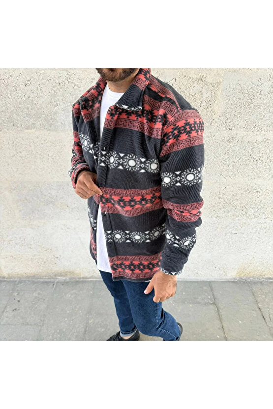 Erkek Desenli Polar Gömlek – Etnik Şerit Desen Yakalı, Uzun Kollu, Düğmeli, Oversize Rahat Kalıp - F