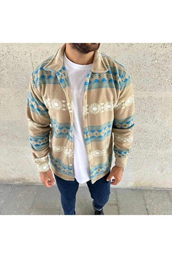 Erkek Desenli Polar Gömlek – Etnik Şerit Desen Yakalı, Uzun Kollu, Düğmeli, Oversize Rahat Kalıp - S