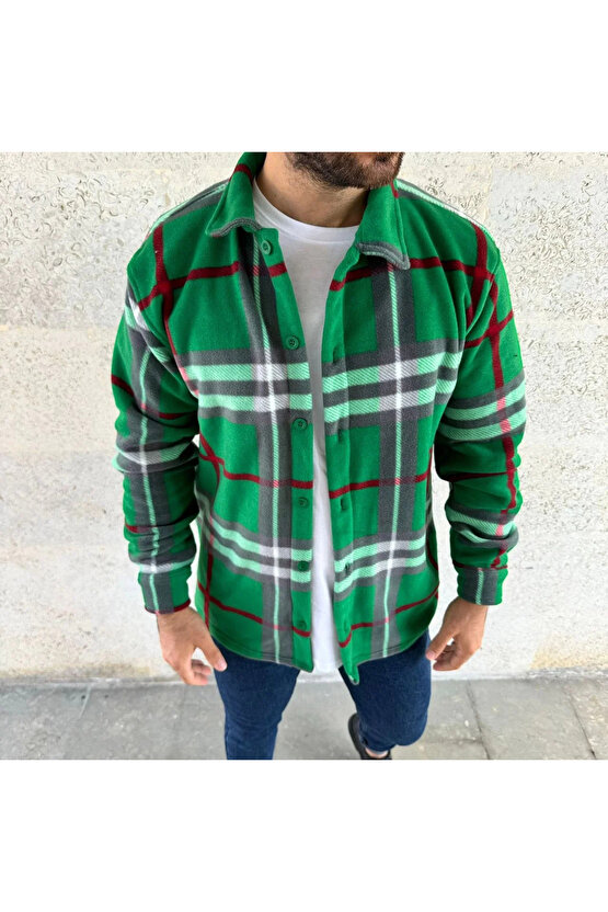 Erkek Ekose Desenli Düğmeli Polar Yakalı Uzun Kollu Gömlek Oversize Rahat Kalıp - Yeşil