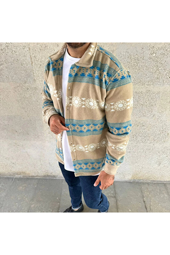 Erkek Desenli Polar Gömlek – Etnik Şerit Desen Yakalı, Uzun Kollu, Düğmeli, Oversize Rahat Kalıp - S