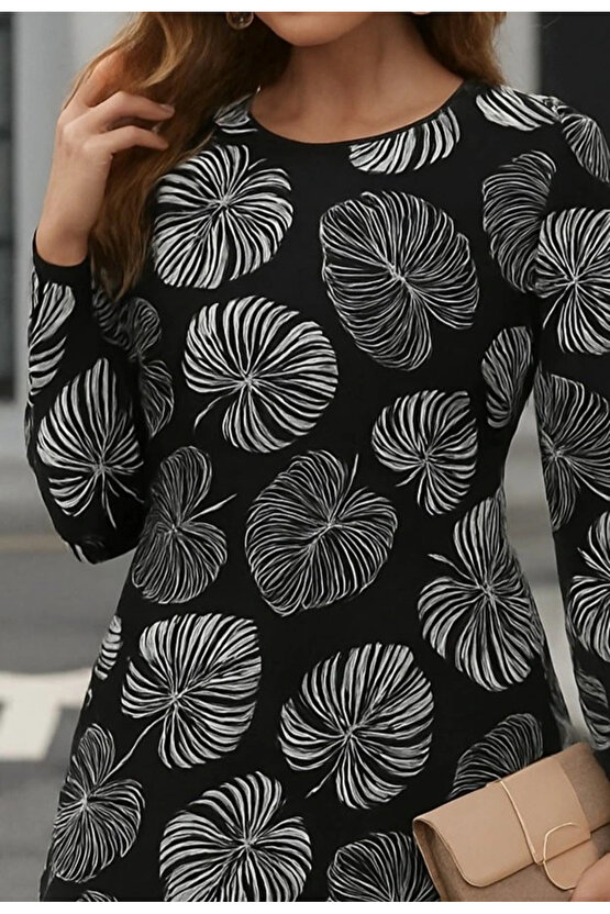 Kadın Uzun Kollu Bisiklet Yaka Desenli Kısa Krep Elbise