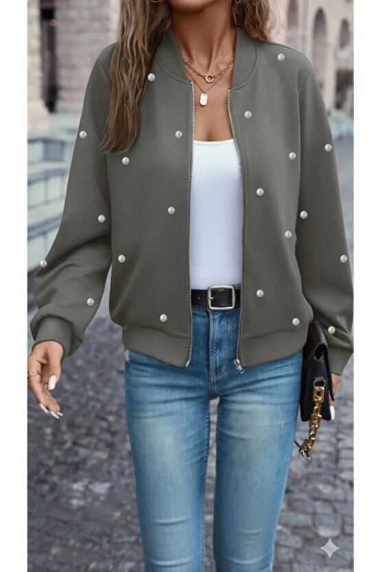 Kadın Uzun Kollu önden Fermuarlı Incili Kısa Modal Ceket