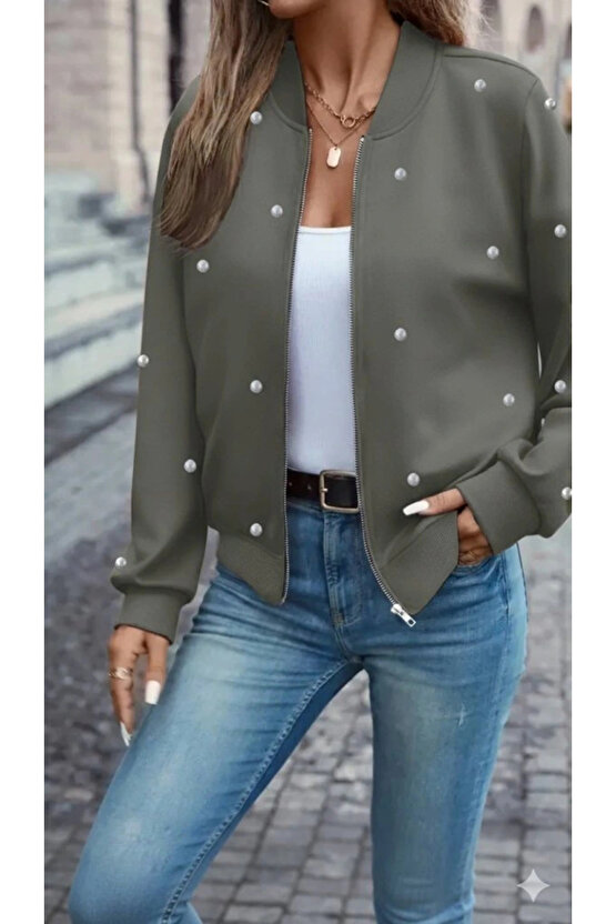 Kadın Uzun Kollu önden Fermuarlı Incili Kısa Modal Ceket