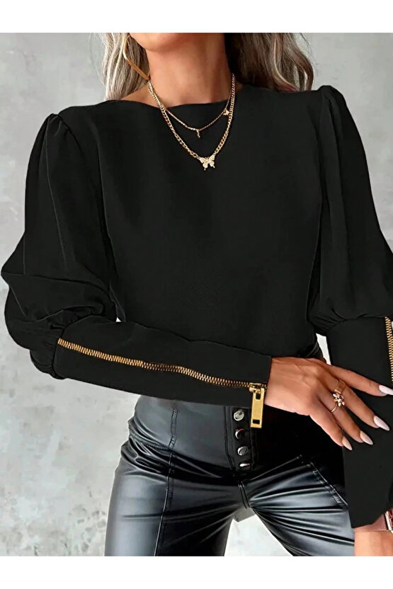 Kadın Uzun Kollu Bisiklet Yaka Fermuar Detaylı Ithal Krep Bluz