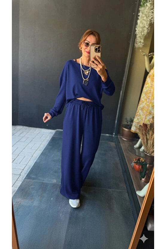 Kadın Uzun Kollu Tek Omuzdan Açık Viskon Iki Iplik Bluz Ve Pantolon Ikili Takım