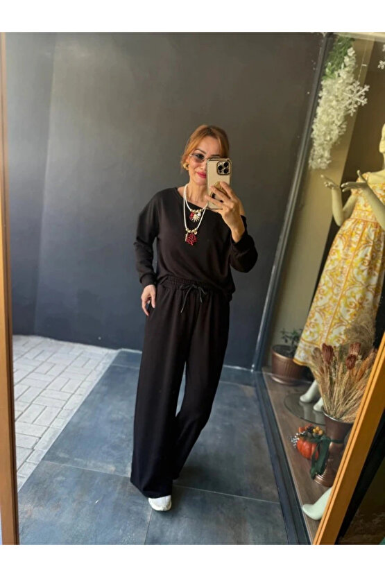 Kadın Uzun Kollu Tek Omuzdan Açık Viskon Iki Iplik Bluz Ve Pantolon Ikili Takım