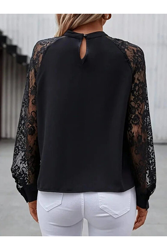 Kadın Uzun Dantel Kollu Yuvarlak Yakalı Sandy Bluz